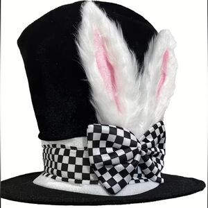 Alice in Wonderland Black Top Hat with Bunny Ears and Checkered Bow